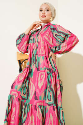 Ebru Desen Yarım Düğmeli Elbise Fuşya - Tesettür Elbise