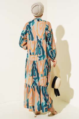 Ebru Desen Yarım Düğmeli Elbise Hardal - Tesettür Elbise