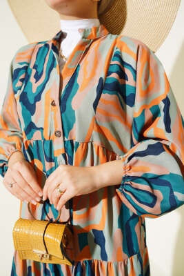 Ebru Desen Yarım Düğmeli Elbise Hardal - Tesettür Elbise