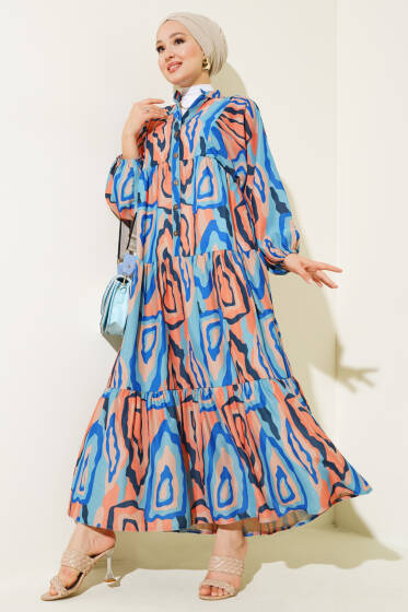 Ebru Desen Yarım Düğmeli Elbise Mavi - Elbise