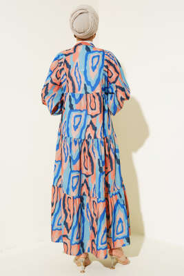 Ebru Desen Yarım Düğmeli Elbise Mavi - Tesettür Elbise