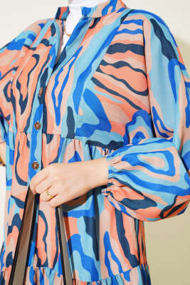 Ebru Desen Yarım Düğmeli Elbise Mavi - Tesettür Elbise