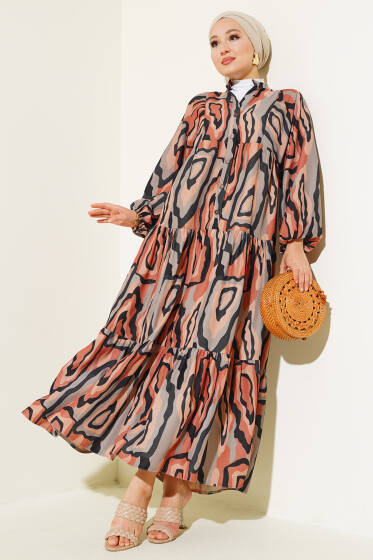 Ebru Desen Yarım Düğmeli Elbise Taba - Elbise