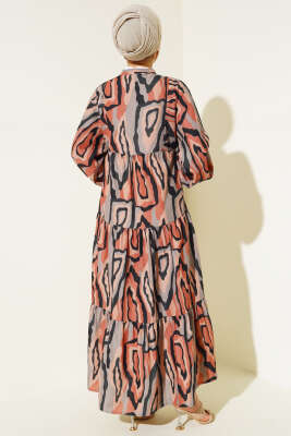 Ebru Desen Yarım Düğmeli Elbise Taba - Tesettür Elbise