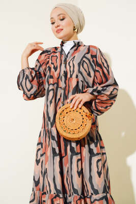 Ebru Desen Yarım Düğmeli Elbise Taba - Tesettür Elbise