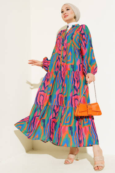 Ebru Desen Yarım Düğmeli Elbise Yeşil - Elbise