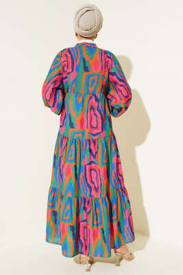 Ebru Desen Yarım Düğmeli Elbise Yeşil - Tesettür Elbise