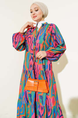 Ebru Desen Yarım Düğmeli Elbise Yeşil - Tesettür Elbise