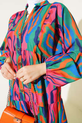 Ebru Desen Yarım Düğmeli Elbise Yeşil - Tesettür Elbise