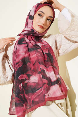 Ebru Desenli Bambu Kraş Şal Bordo 