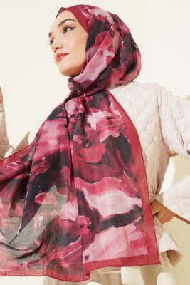 Ebru Desenli Bambu Kraş Şal Bordo - Başörtüsü