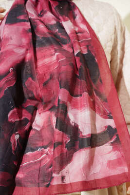 Ebru Desenli Bambu Kraş Şal Bordo - Başörtüsü