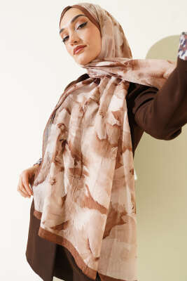 Ebru Desenli Bambu Kraş Şal Camel 