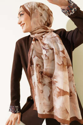 Ebru Desenli Bambu Kraş Şal Camel - Başörtüsü