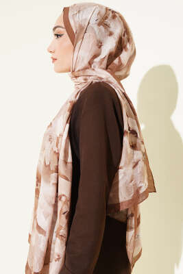 Ebru Desenli Bambu Kraş Şal Camel - Başörtüsü