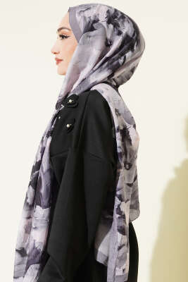 Ebru Desenli Bambu Kraş Şal Gri - Başörtüsü