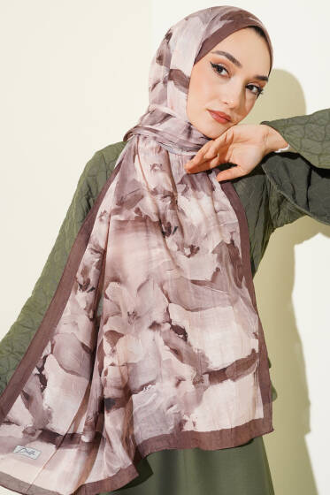 Ebru Desenli Bambu Kraş Şal Kahve - Başörtüsü