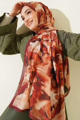 Ebru Desenli Bambu Kraş Şal Kestane - Başörtüsü