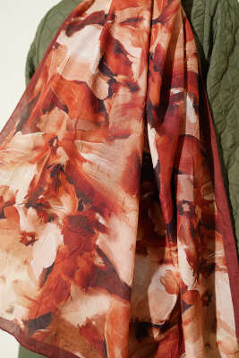 Ebru Desenli Bambu Kraş Şal Kestane - Başörtüsü