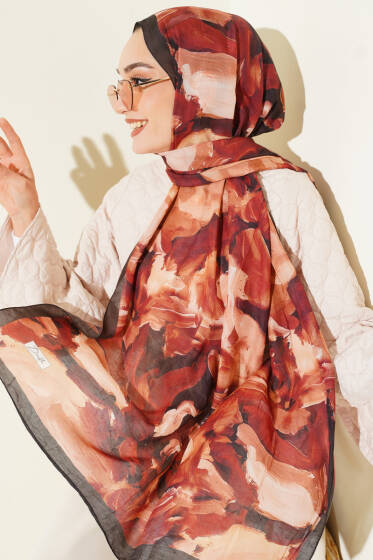 Ebru Desenli Bambu Kraş Şal Kiremit - Başörtüsü