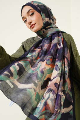 Ebru Desenli Bambu Kraş Şal Lacivert 