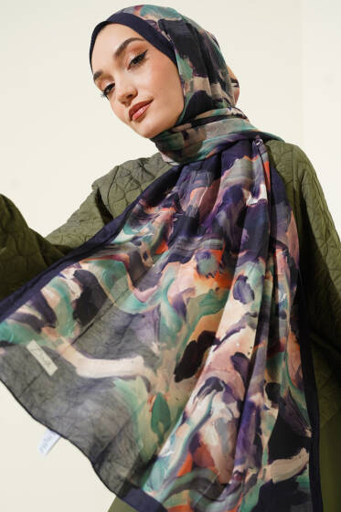 Ebru Desenli Bambu Kraş Şal Lacivert - Başörtüsü