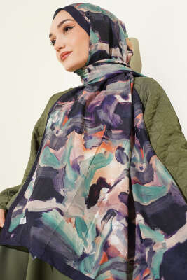 Ebru Desenli Bambu Kraş Şal Lacivert - Başörtüsü