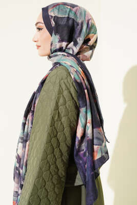 Ebru Desenli Bambu Kraş Şal Lacivert - Başörtüsü