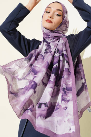 Ebru Desenli Bambu Kraş Şal Lila - Başörtüsü