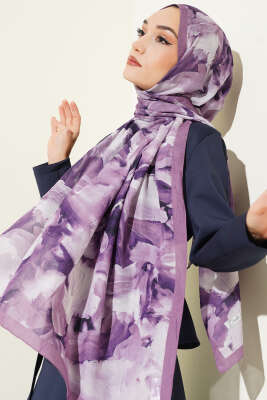 Ebru Desenli Bambu Kraş Şal Lila - Başörtüsü