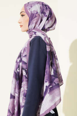Ebru Desenli Bambu Kraş Şal Lila - Başörtüsü
