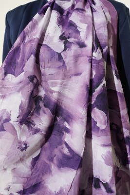 Ebru Desenli Bambu Kraş Şal Lila - Başörtüsü