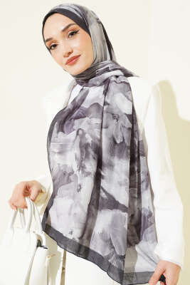 Ebru Desenli Bambu Kraş Şal Siyah - Başörtüsü