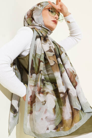 Ebru Desenli Bambu Kraş Şal Su Yeşili - Başörtüsü