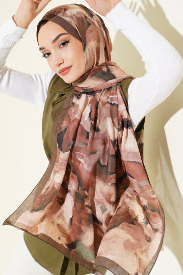 Ebru Desenli Bambu Kraş Şal Toprak - Başörtüsü