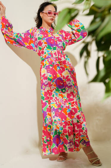 Ebru Desenli Kemerli Düğmeli Elbise Fuşya - Elbise