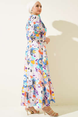 Ebru Desenli Kemerli Düğmeli Elbise Lila - Tesettür Elbise