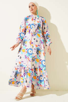 Ebru Desenli Kemerli Düğmeli Elbise Lila - Tesettür Elbise