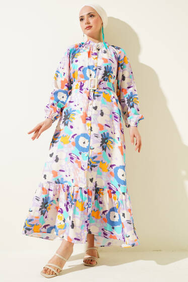 Ebru Desenli Kemerli Düğmeli Elbise Lila - Tesettür Elbise
