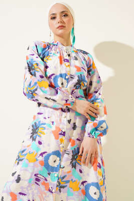 Ebru Desenli Kemerli Düğmeli Elbise Lila - Tesettür Elbise