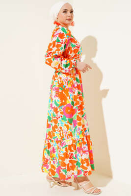 Ebru Desenli Kemerli Düğmeli Elbise Oranj - Tesettür Elbise