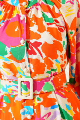 Ebru Desenli Kemerli Düğmeli Elbise Oranj - Tesettür Elbise