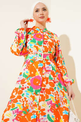 Ebru Desenli Kemerli Düğmeli Elbise Oranj - Tesettür Elbise