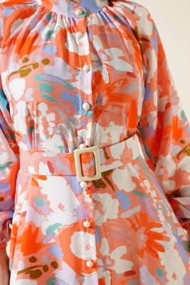 Ebru Desenli Kemerli Düğmeli Elbise Somon - Tesettür Elbise