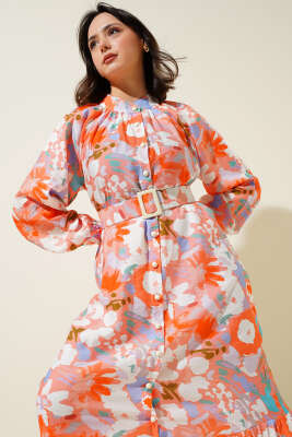 Ebru Desenli Kemerli Düğmeli Elbise Somon 