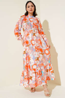 Ebru Desenli Kemerli Düğmeli Elbise Somon - Tesettür Elbise