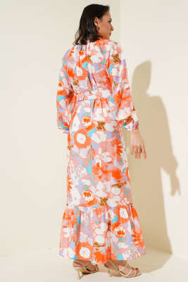 Ebru Desenli Kemerli Düğmeli Elbise Somon - Tesettür Elbise