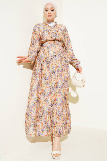 Ebruli Çiçek Desen Boydan Düğmeli Elbise Bej - Elbise