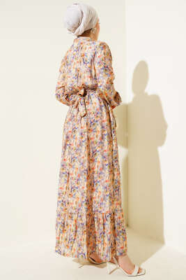 Ebruli Çiçek Desen Boydan Düğmeli Elbise Bej - Tesettür Elbise