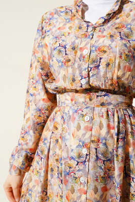 Ebruli Çiçek Desen Boydan Düğmeli Elbise Bej - Tesettür Elbise